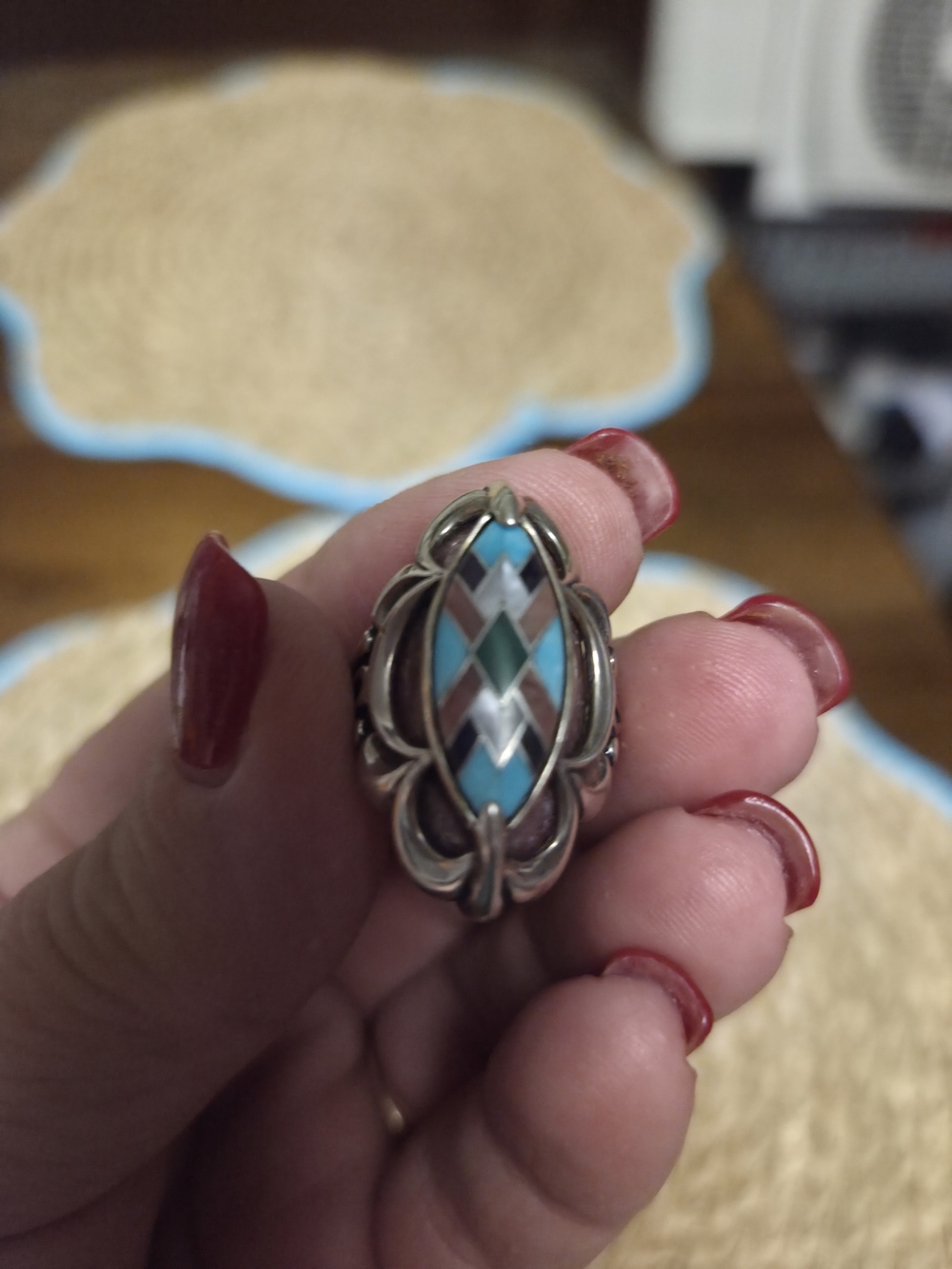 Carolyn Pollack Turquoise, Pink and Silver Inlay Marquise Ring
